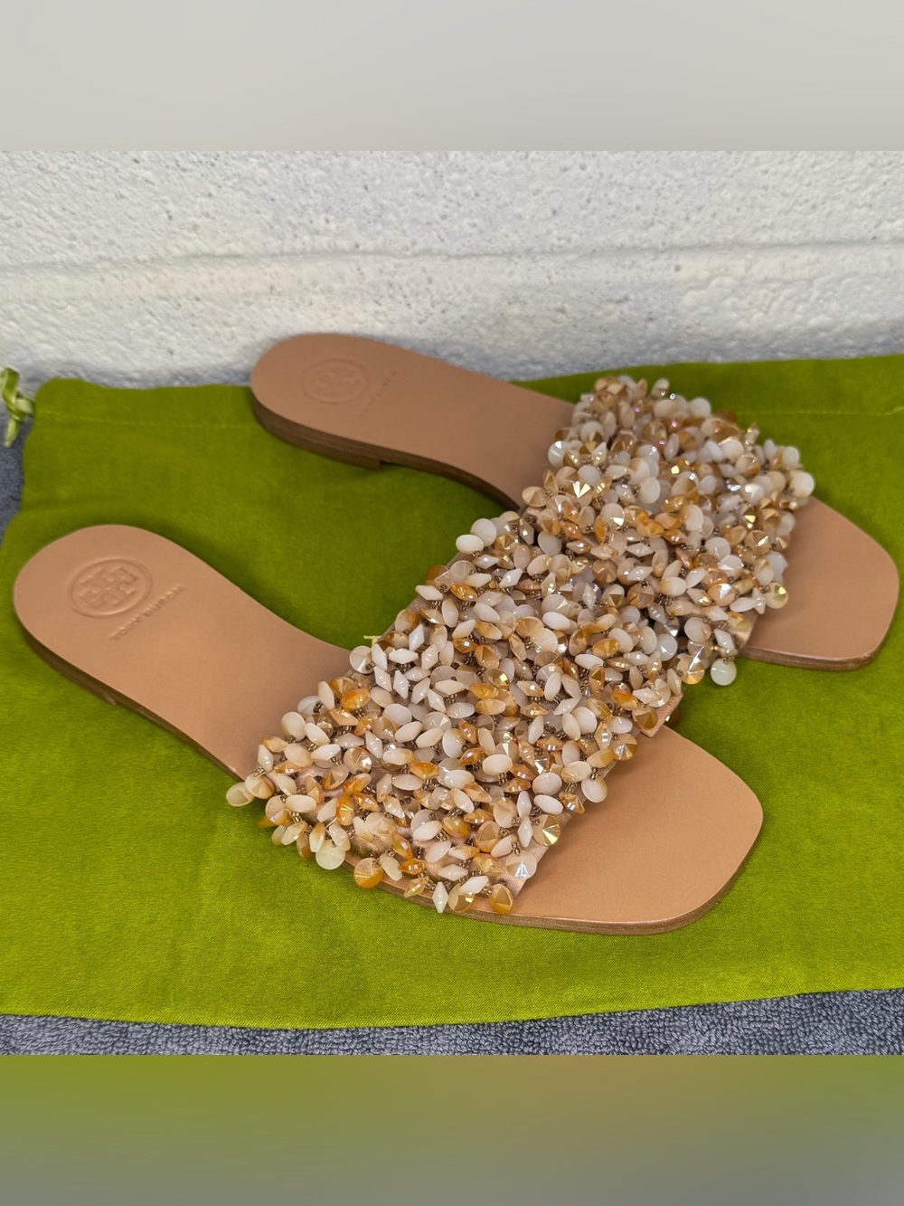 TORY BURCH LOGAN EMBELLISHED BEADED SLIDE SANDALS SIZE 7.5M